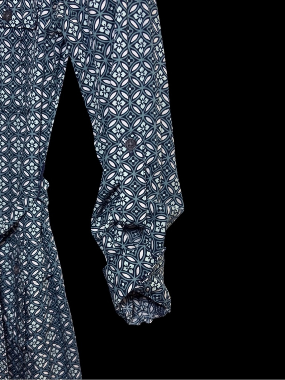 Banana Republic Blue Geometric Safari Shirt Dress Roll Tab Sleeves & Tie Waist 4 - Picture 6 of 13